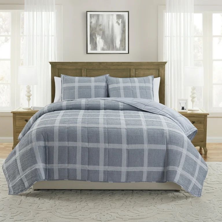 My Texas House Waldin 3-Piece Dark Blue Windowpane Plaid Box Quilt Set, King | Walmart (US)