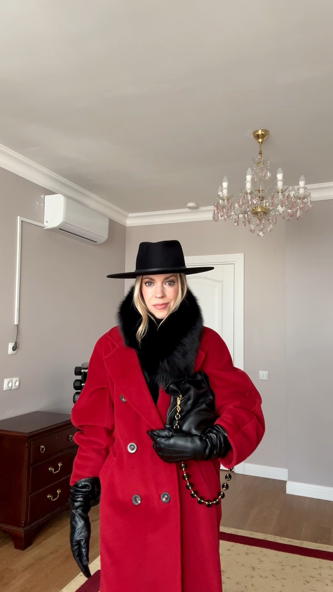 Red coat outfit, Valentine outfit, black wool hat, Max Mara coat, fox fur scarf, black leather gloves, Zara jeans, black western boots, Loewe Flamenco pouch handbag 

#LTKootd #LTKValentine #LTKOver40