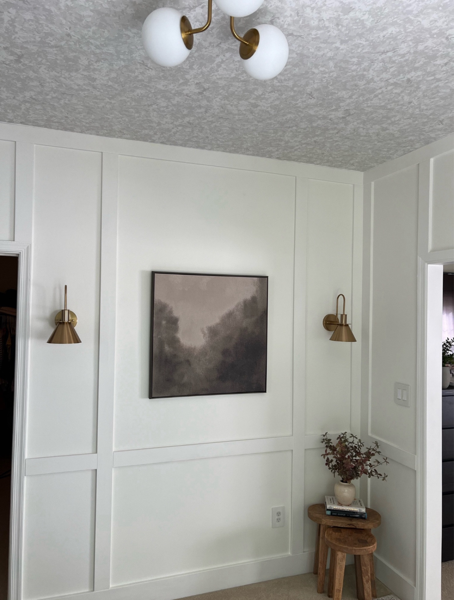 Fall home decor / primary bedroom decor / sitting room / white trim accent wall / wallpaper ceiling inspo / empty corner decor 

#LTKHome #LTKSeasonal