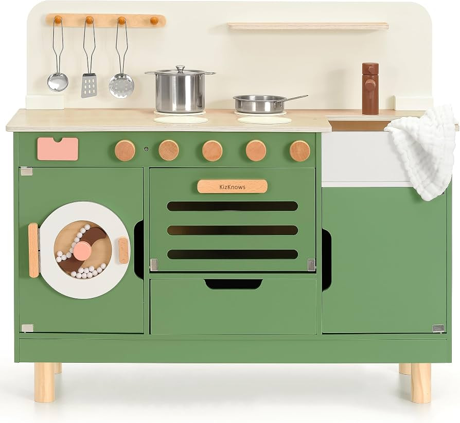 Wooden Play Kitchen and Washing Machine 2 in 1 Kitchen Playset Toy     Food Cookwares Montessori ... | Amazon (US)
