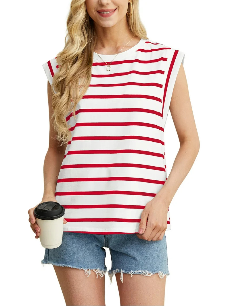 JWD Women's Blouses Cap Sleeve Summer Tops Casual Crew NecK Stripe Women's Tanks & Camis White Re... | Walmart (US)