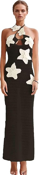 RanRui Women's Halter 3D Flower Knitted Hollow Out Beach Dress balckless Open Back Swimsuit Cover... | Amazon (US)