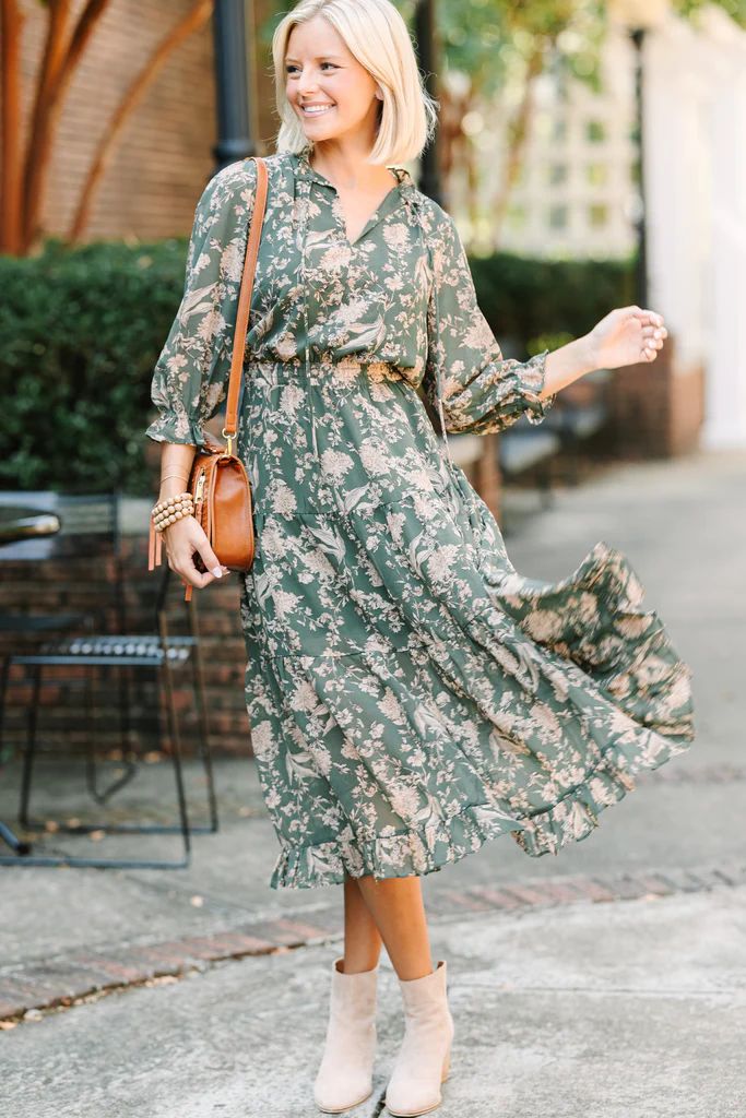 Pinch: Class Act Dark Olive Green Floral Mid Dress | The Mint Julep Boutique