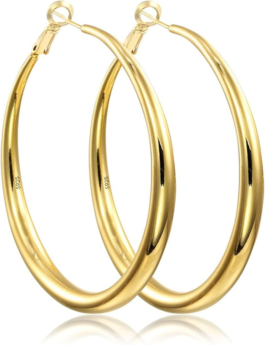 EXGOX Gold Large Hoop Earrings for Women 925 Sterling Silver Hoop Earrings Hypoallergenic Lightwe... | Amazon (US)