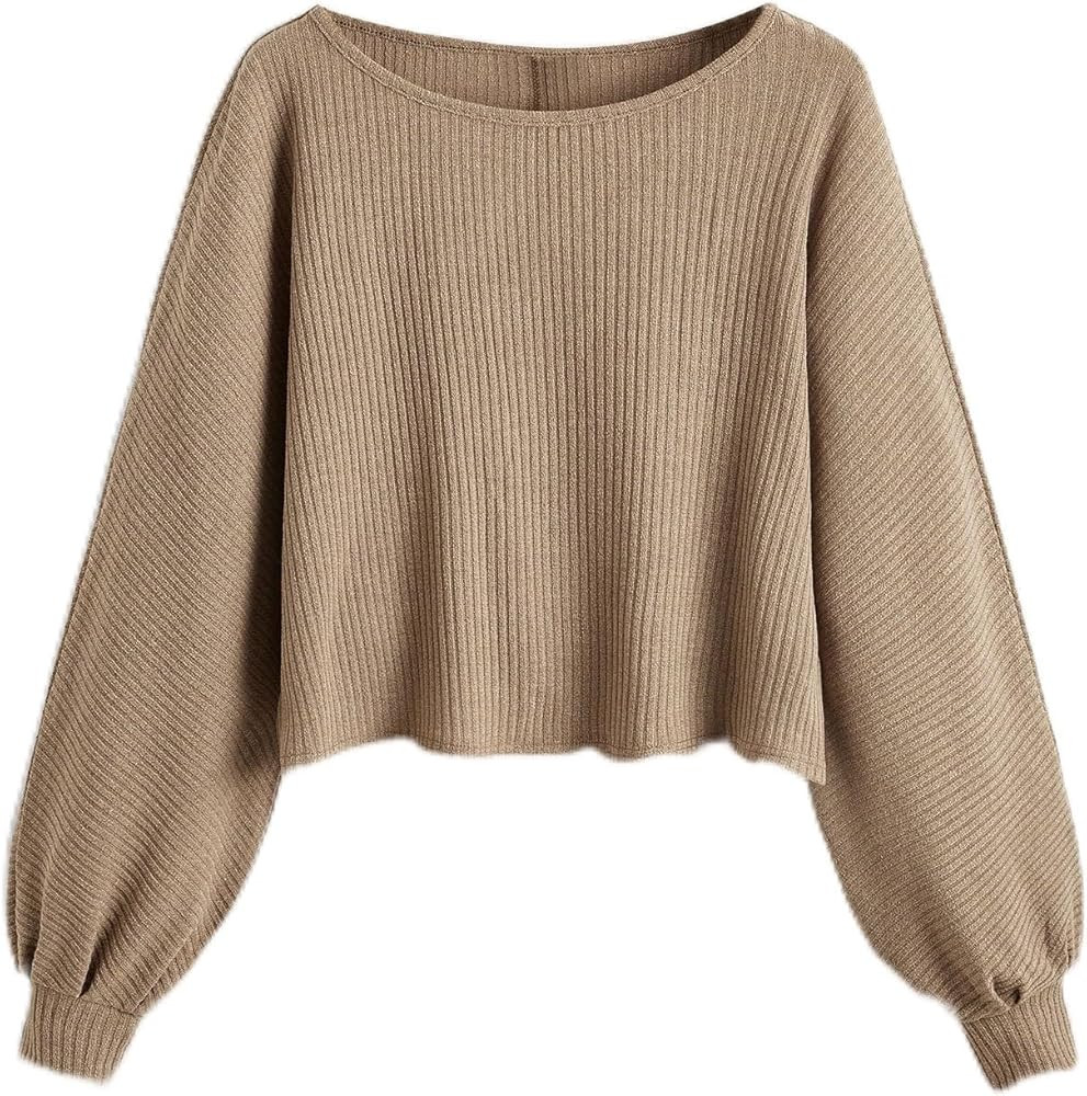 SweatyRocks Women's Casual Crewneck Raglan Long Sleeve Ribbed Knit Crop Top Cropped Sweater | Amazon (US)