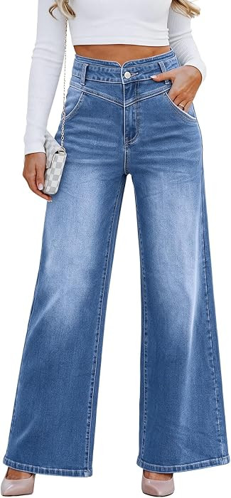 Tankaneo Womens Wide Leg Tummy Control Jeans High Waist Baggy Trouser Jeans | Amazon (US)