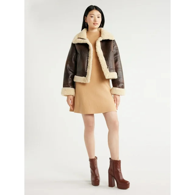 Scoop Women's Faux Suede Cropped Bomber Jacket with Faux Sherpa Lining, Sizes XS-XXL | Walmart (US)