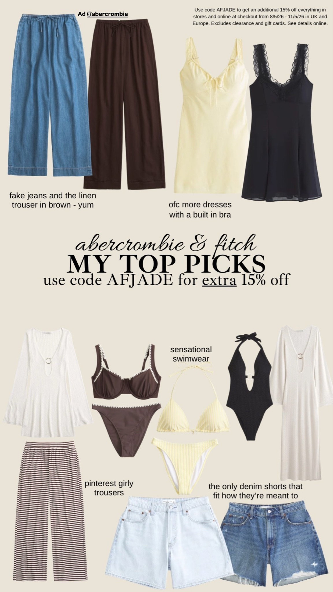 The Abercrombie & Fitch sale is on and omg, these bits are headed straight into my basket 🧺😍🫶🏻 use my code AFJADE for an extra 15% off on top of the sale price 👏🏻 ad

I wear the below sizes:
Jeans & shorts - 31R
Bra tops - M
Everyone else - L

#LTKsummer #LTKmidsize #LTKuk
