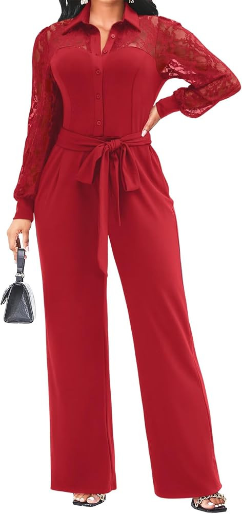 Elegant Jumpsuit for Women Dressy Sexy Lace Puff Sleeve Wide Leg Pant Suit One Piece Formal Outfi... | Amazon (US)