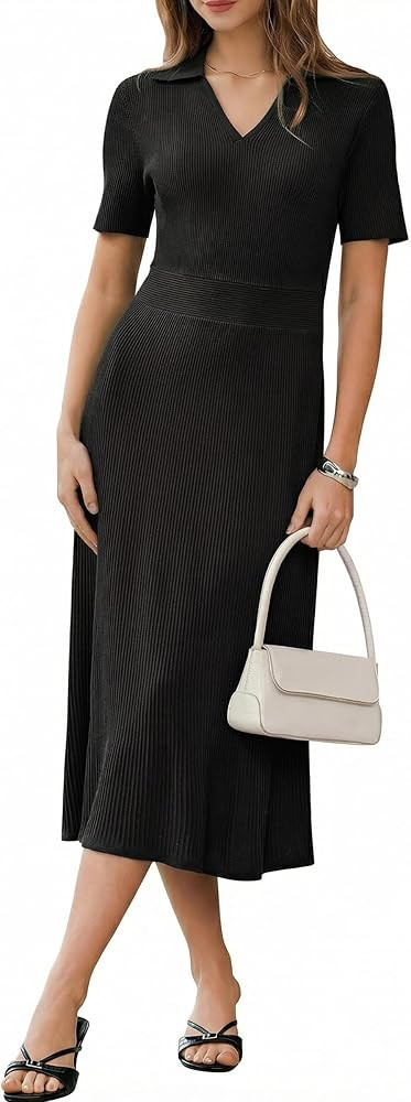 Arach&Cloz Women's Lyocell Blend Polo V Neck Spring Summer Work Short Sleeve A Line Midi Dress 20... | Amazon (US)