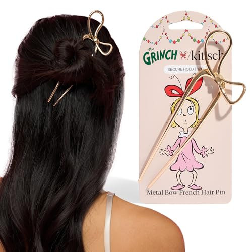 The Grinch x Kitsch Gold French Hair Pin with Bow Design - Durable Metal Hair Pin for Effortless Updos, Half-Up Style | Lightweight & Ideal Stocking Stuffers | Ideal Gifts for Women - 1pc | Amazon (US)