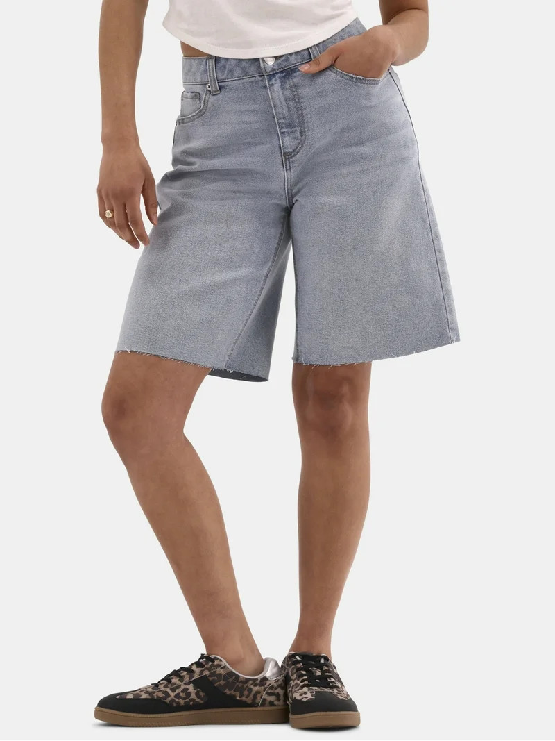 No Boundaries Denim Fray Jorts, Women's and Women's Plus | Walmart (US)