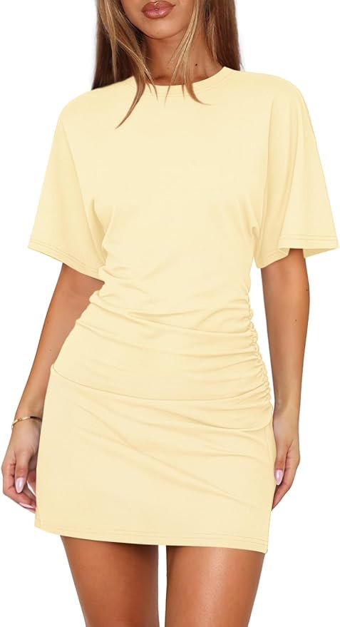 Womens Summer Casual T Shirt Dresses for Women Batwing Cinched Waist Dress Short Sleeve Ruched Bo... | Amazon (US)