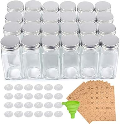 SXUDA 24-Pack 4 Ounce Square Spice Bottles with 350 Spice Labels, Glass Spice Jars with Shaker Li... | Amazon (US)