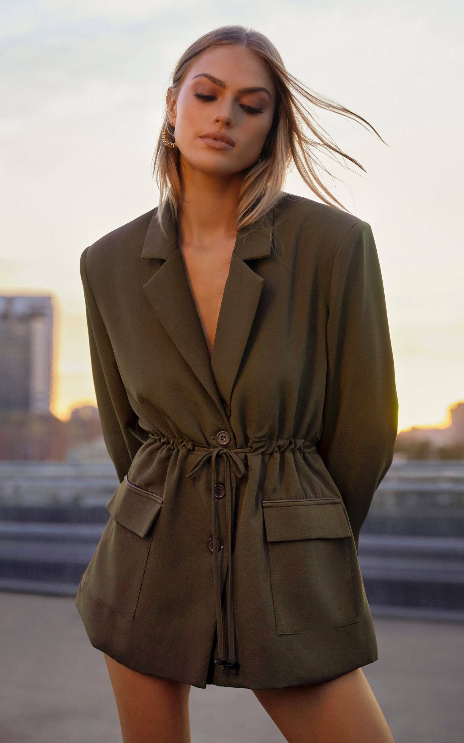 Caela Tailored Draw Cord Blazer in Khaki | Showpo (US, UK & Europe)