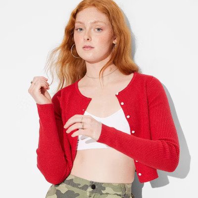 Women's Rib Pearl Shrunken Sweater Cardigan - Wild Fable™ Red XS | Target