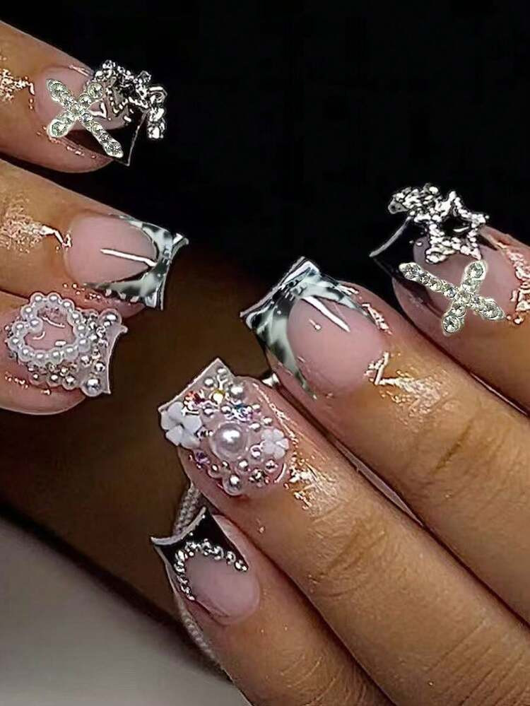 24Pcs French Press-On Nails With Black, White, Tie-Dye Polka Dot Pattern, Reusable, Pendant Decor Including Star, Cross, Heart Rhinestones, Edgy Chic Style, Suitable For Date, Spring, New Year, Christmas, Daily Commute, Birthday, Festival, Spring/Summer Nail Supplies Nails | SHEIN