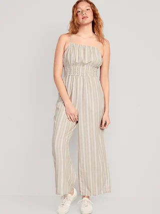 Striped Linen-Blend Cropped Smocked Cami Wide-Leg Jumpsuit for Women | Old Navy (US)