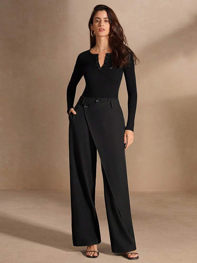 Anewsta Asymmetrical Solid Color Casual Casual Straight Pants | SHEIN