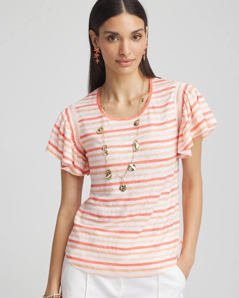 Striped Linen Smocked Flutter-Sleeved Tee | Chico's