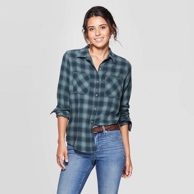 Women's Plaid Long Sleeve Button-Down Flannel Top - Universal Thread™ Green | Target