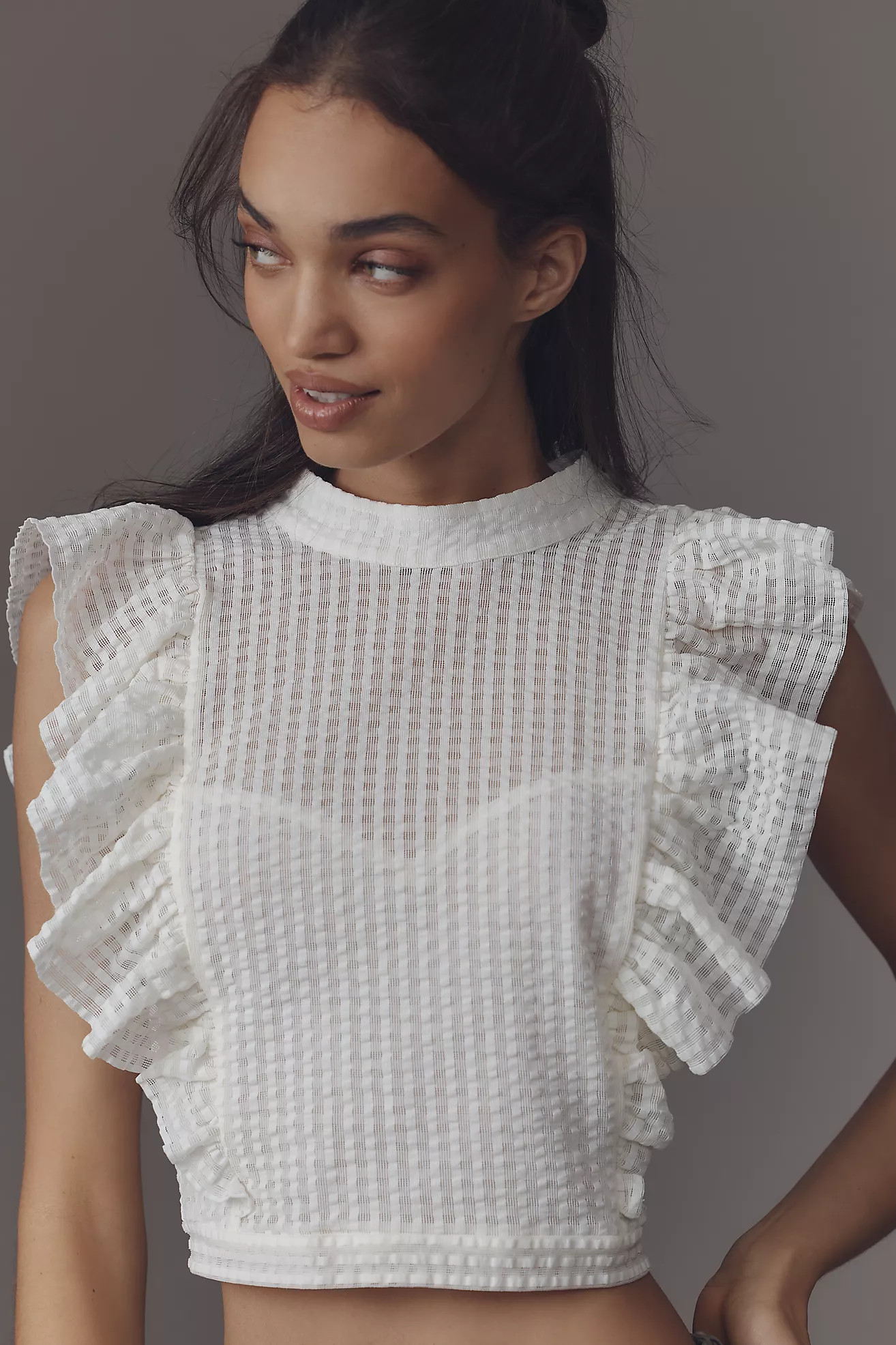 Maeve Cropped Ruffle Mesh Top | Anthropologie (US)