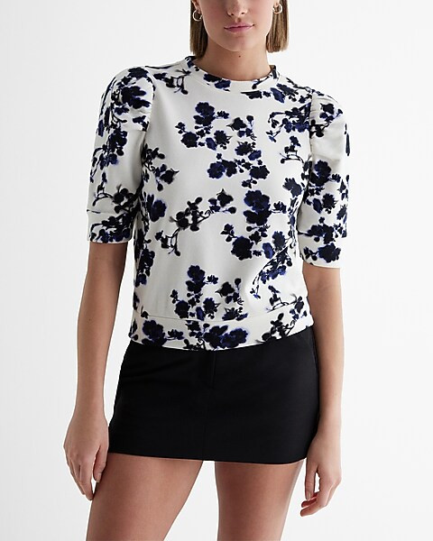 Floral Crew Neck Short Puff Sleeve Fleece Sweatshirt | Express