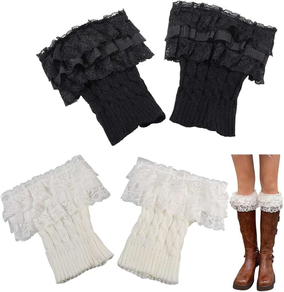 2 Paris Black White Ruffle Lace Boot Cuff Socks Summer Winter Fashion Decorative Stretch Crochet ... | Amazon (US)