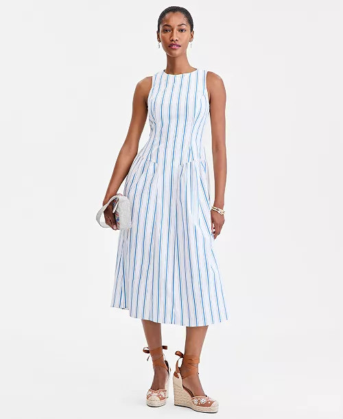 On 34th Women's Cotton Bayside Stripe Drop-Waist Midi Dress, Macy's Exclusive - Macy's | Macy's
