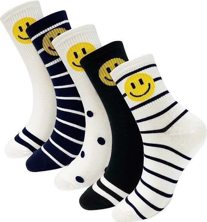 HOLAWIT Happy Face Fun Design Positive Smile Black & White Variety Crew Socks 5P Set | Amazon (US)