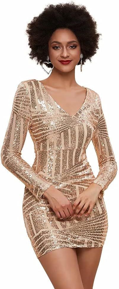 Miss ord Women's V-Neck Long Sleeve Sexy Mini Dress, Bodycon Sequin Summer Party Cocktail Dress | Amazon (US)