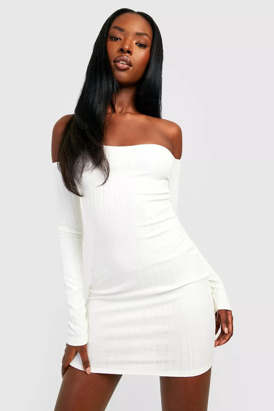 Detailed Rib Off The Shoulder Sleeve Dress | Boohoo.com (US & CA)
