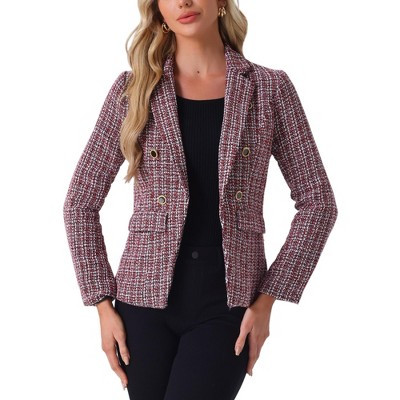 INSPIRE CHIC Women's Elegant Long Sleeve Open Front Buttons Decor Plaid Tweed Blazer Red Black Medium | Target