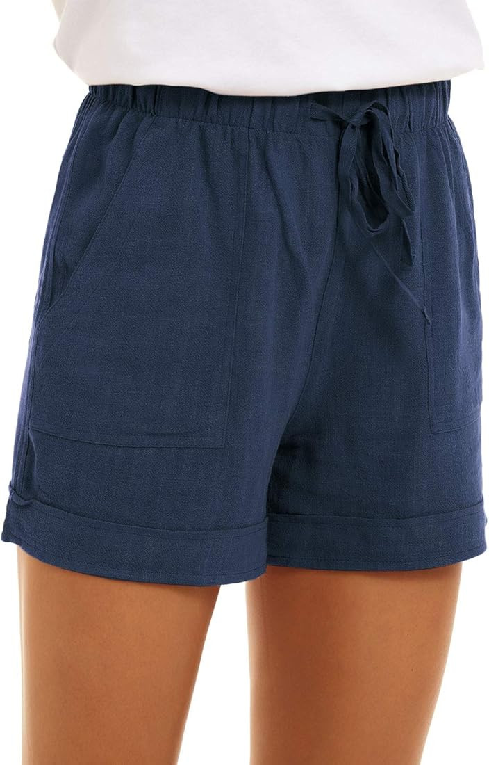 KINGFEN Women Casual Cotton Shorts Drawstring Comfy Elastic Waist Shorts Summer Pull On Short wit... | Amazon (US)