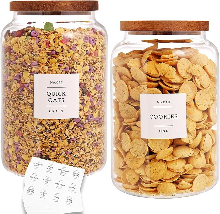 CZHQSMZ Set of 2 Large Glass Flour and Sugar Containers with 132 Pantry Labels - Glass Food Stora... | Amazon (US)