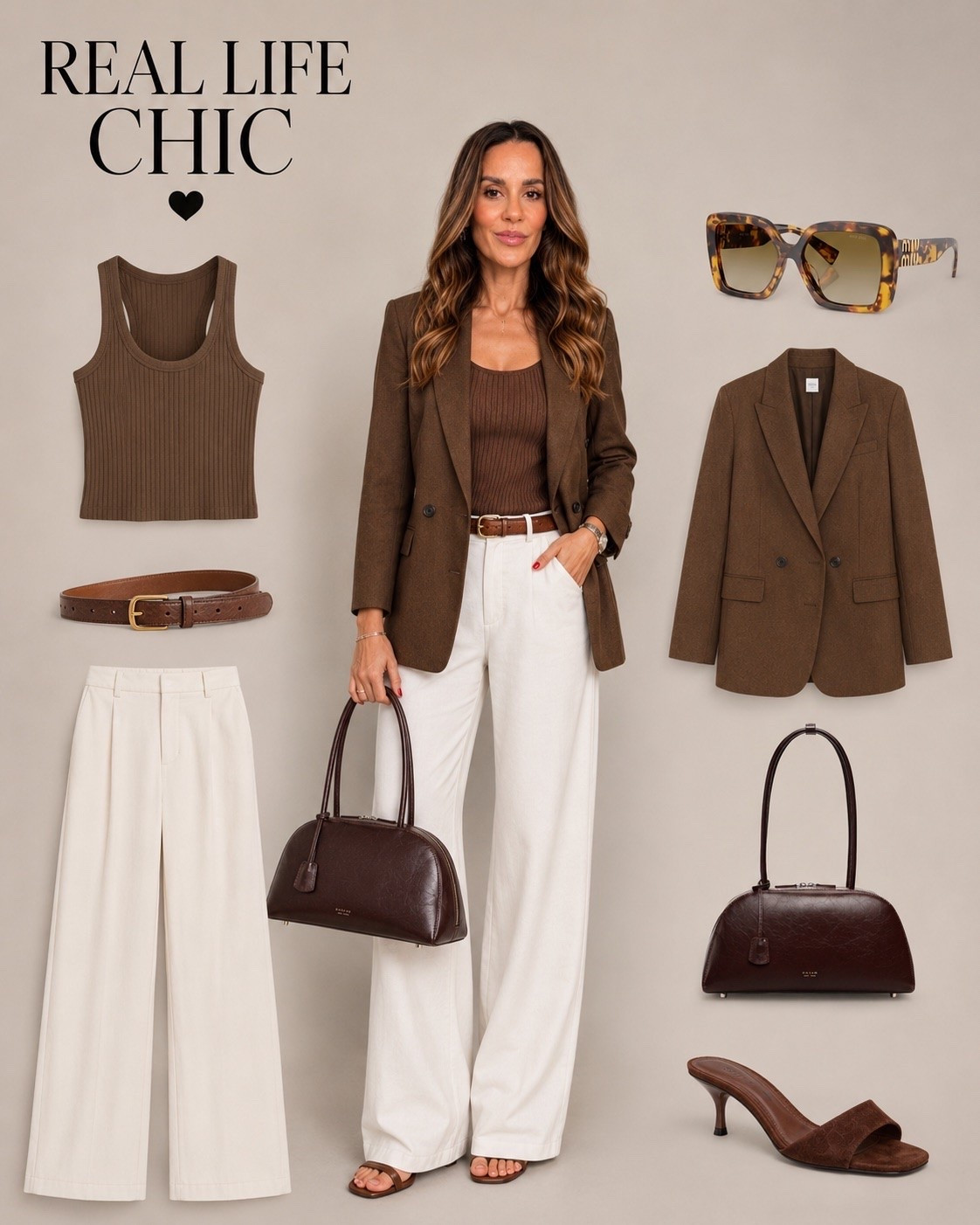 Chocolate brown + crisp white = the kind of outfit that always looks expensive. 🤎✨A structured blazer, ribbed tank, wide-leg pants, and rich brown accessories create one of those timeless combinations you’ll wear for years—not just one season.

brown blazer outfit, white wide leg pants outfit, chocolate brown outfit, quiet luxury style, old money aesthetic, neutral capsule wardrobe, elevated basics, timeless outfit ideas, classic summer style, chic everyday outfits, minimalist fashion, LTK finds, wearable fashion, Real Life Chic.

#LTKootd #LTKOver40 #LTKSaleAlert