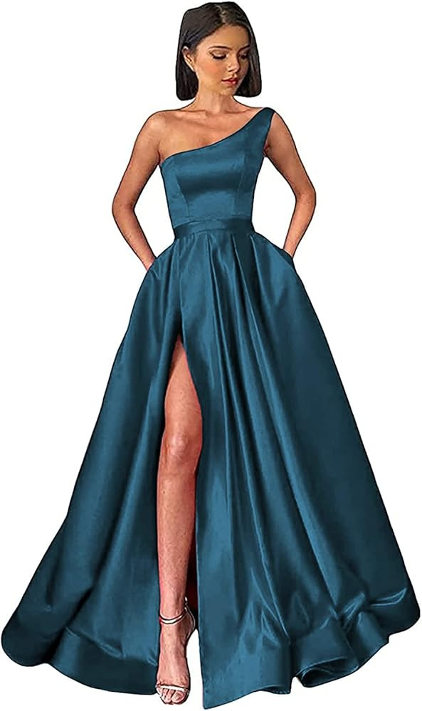 GUKARLEED Women's One Shoulder Prom Dresses Long Ball Gown High Slit Satin Corset Formal Dress Ev... | Amazon (US)