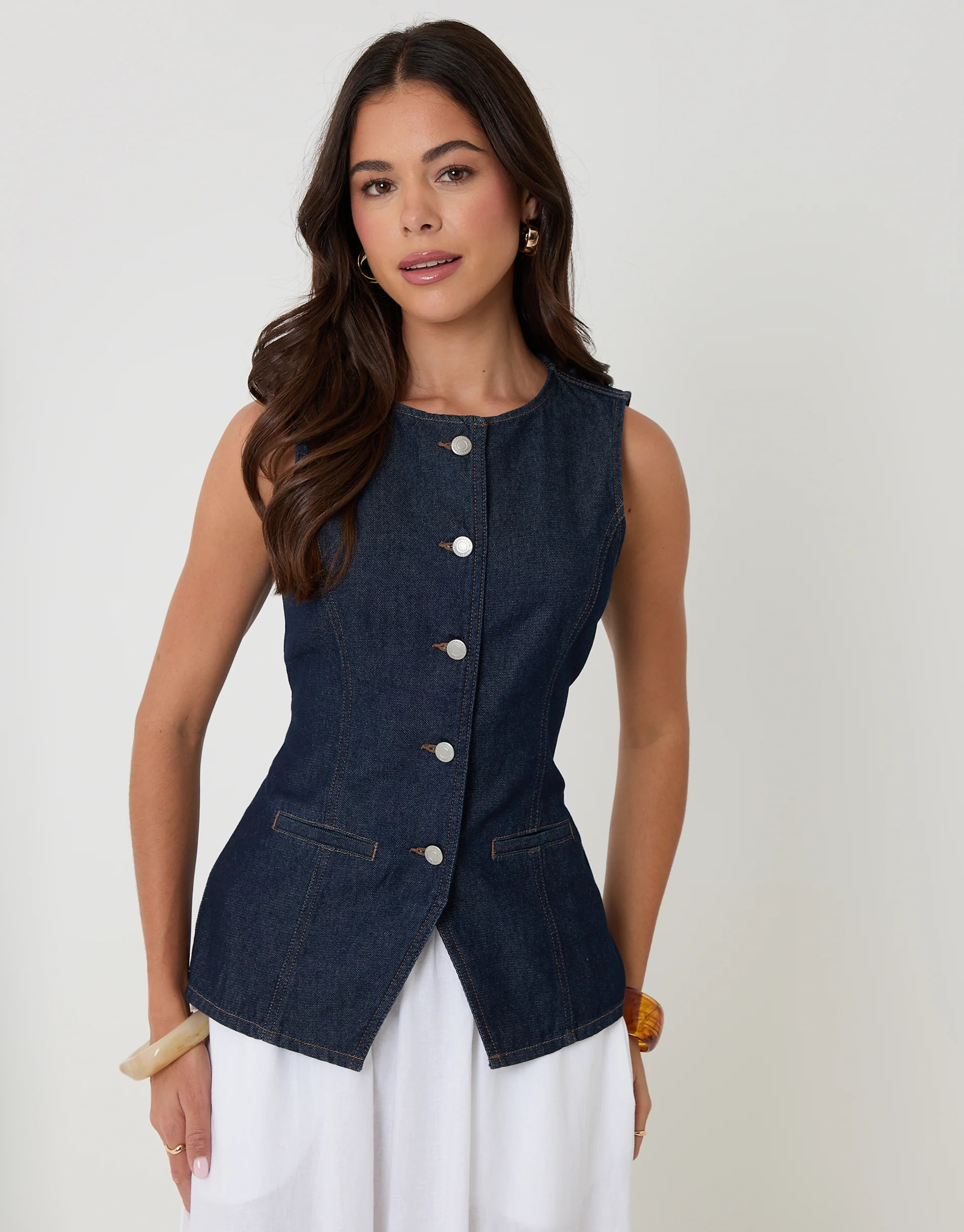 Indigo Denim Longline Waistcoat | Threadbare