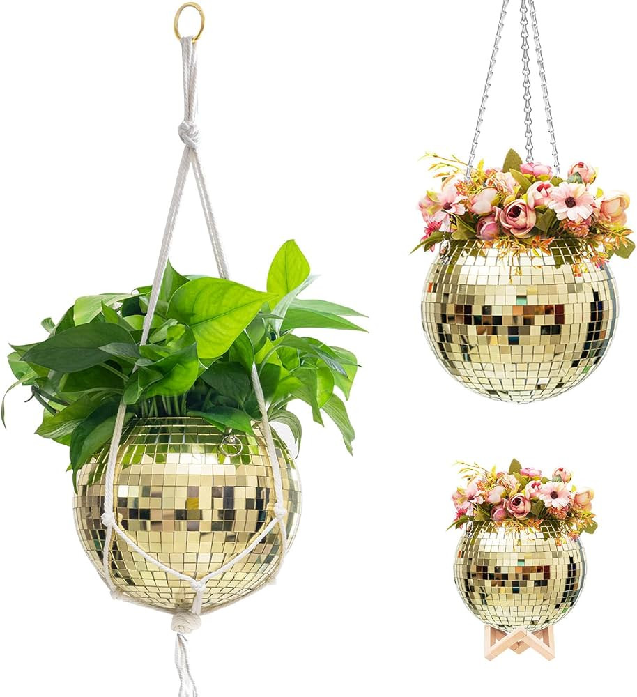Veramz Disco Ball Planter 8" - Disco Planter with Macrame Rope Chain and Stand - with Drainage Ho... | Amazon (US)