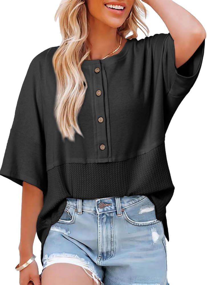 Dokotoo Womens Waffle Knit Tops 2026 Fashion 3/4 Sleeve Casual Button Down Shirts Crew Neck Oversized Patchwork Blouses | Amazon (US)