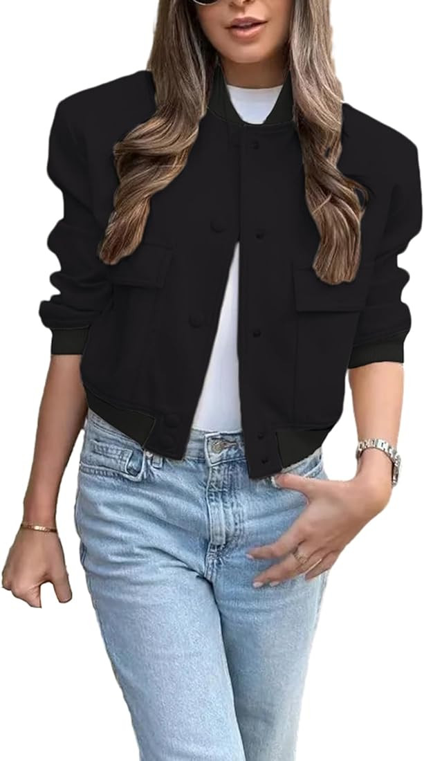 itnpbwus Women's Cropped Bomber Jacket Lightweight Long Sleeve Solid Color Varsity Jacket Coat St... | Amazon (US)