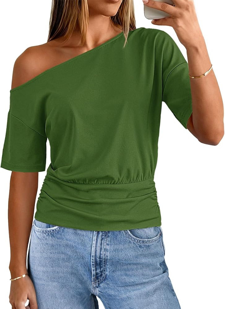 MEROKEETY Women's Off The Shoulder Short Sleeve Tops 2026 Summer Casual Going Out Trendy Y2k T Sh... | Amazon (US)