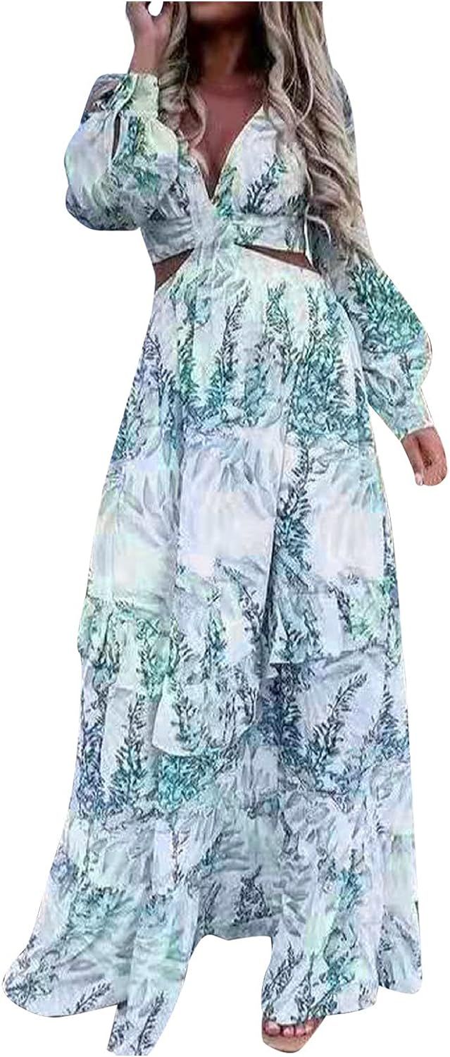 KAIXLIONLY Women's Long Sleeve V-Neck Hollow Waist Maxi Dress Floral Bohemia Print Cut Out Swing ... | Amazon (US)