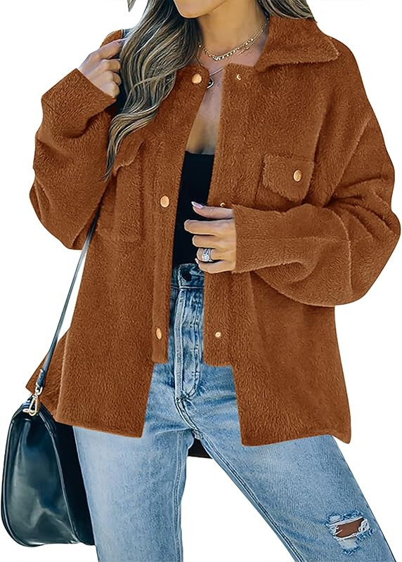 Amazon.com: ZESICA Womens Winter Fuzzy Fleece Jackets Warm Long Sleeve Button Shacket Coat Outwea... | Amazon (US)