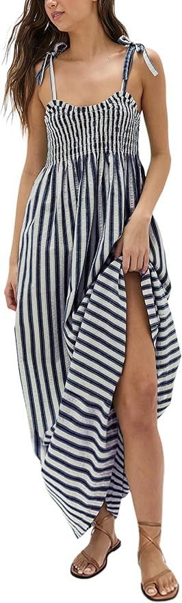Lentta Women's Striped Smocked Maxi Dress Causal Spaghetti Strap Stretchy Flowy Swing Long Dress ... | Amazon (US)