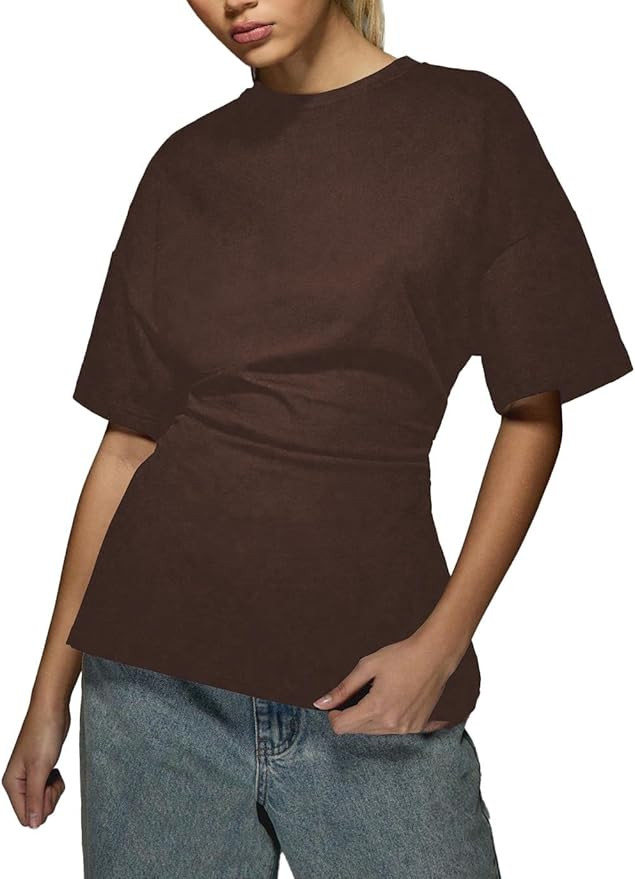 Verdusa Women's Cinched Waist Tops Dressy Casual Peplum Tops Drop Shoulder Short Sleeve Ruched T ... | Amazon (US)