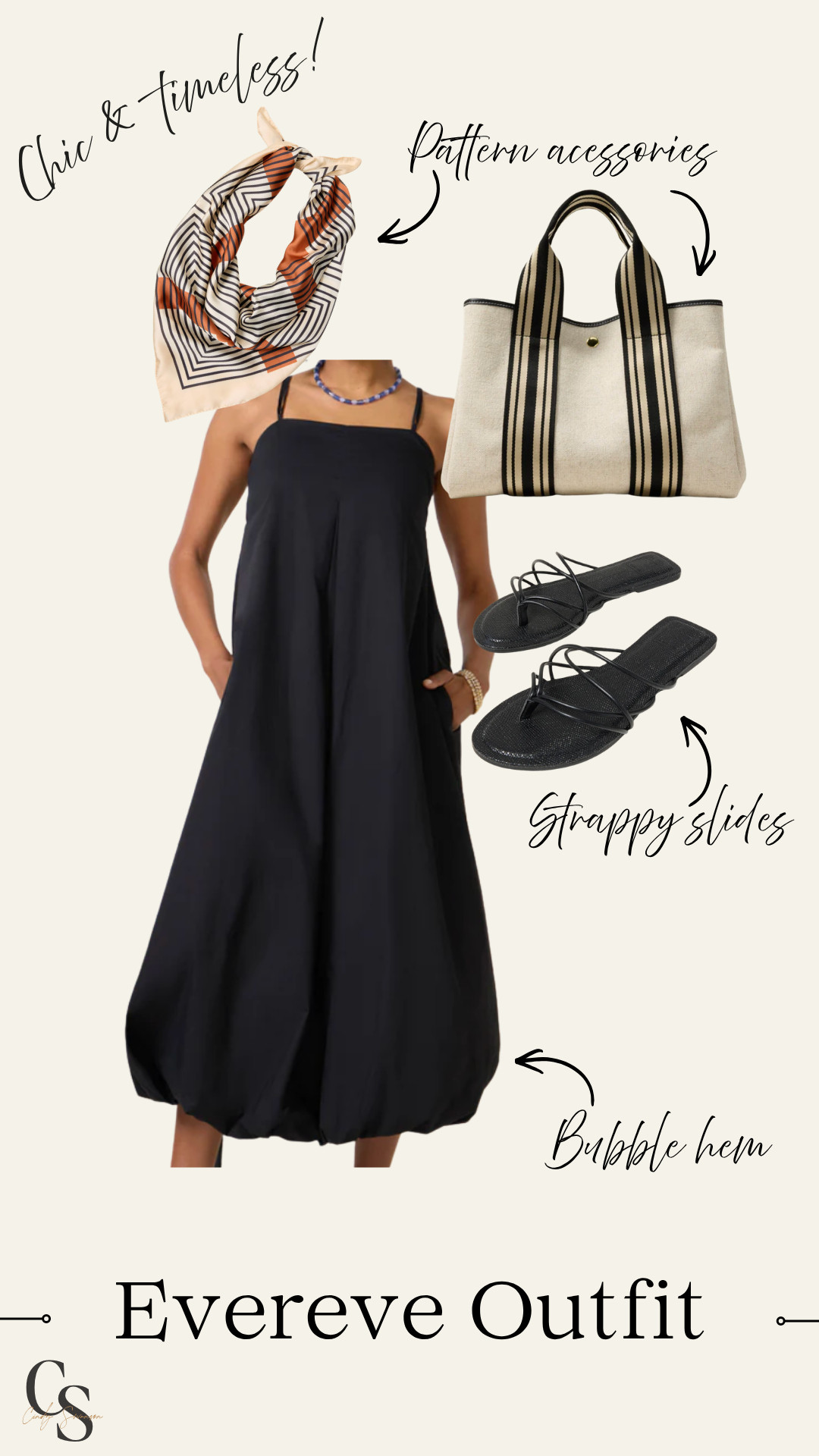 Summer outfit inspo from Evereve! Loving this bubble hem dress styled with strappy slides a patterned scarf and a purse! 

 #LTKootd #LTKU #LTKOver40