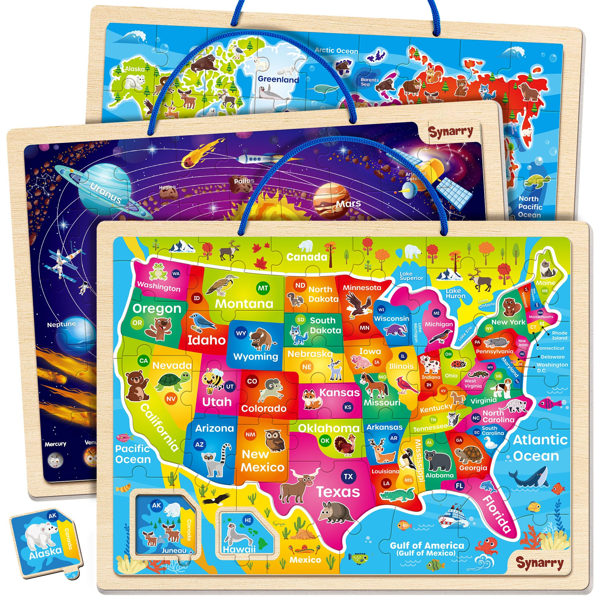 SYNARRY Large USA World Solar System Wooden Magnetic Puzzles for Kids Ages 4-6, Wood Puzzles Educ... | Amazon (US)