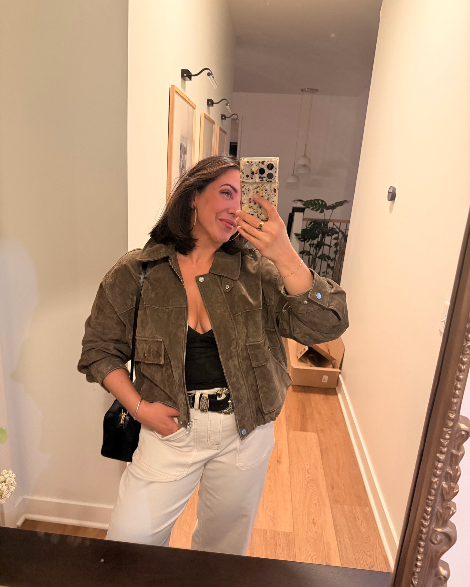 Jeans size L petite (I wanted a cropped look) jacket I’d get L, halter M (size down)