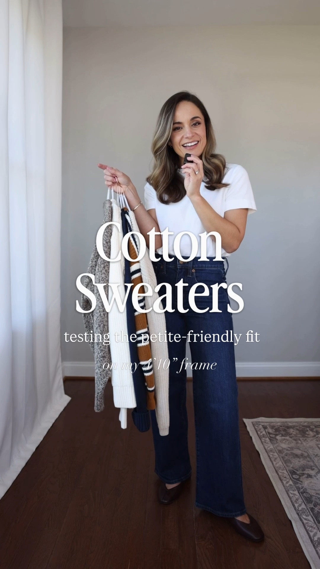 A look at the fit of the 100% cotton sweaters on my petite frame! No styling or sleeve cuffing here so you can see the fit from the store. 

Gap Marl Sweater: petite xs
Gap Ivory v neck: petite xs 
Quince V Neck Fisherman: xs 
Madewell Striped: xxs 
Quince Boyfriend: xs 
Gap Ivory Cableknit: petite xs 

Jeans (J.Crew Factory): petite 24 / 10” rise / 28” inseam
Top (Old Navy): petite xs 

For size comparison, I’m 4’10” 105lbs. My measurements are 32”, 24”, 36”. I typically wear petite xxs/00/24 and have a 25” ankle inseam and a 27.5-28” full length inseam.

#LTKPetite